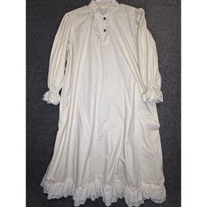 Vintage Victorian Style Cream Cotton Eyelet Lace Maxi Nightgown Long Sleeve L